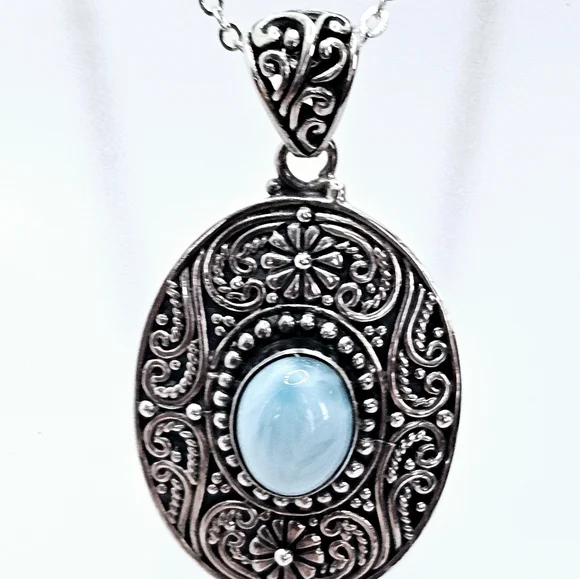 Ornate Genuine Larimar Necklace Rhodium over Sterling Silver! - Picture 5 of 9